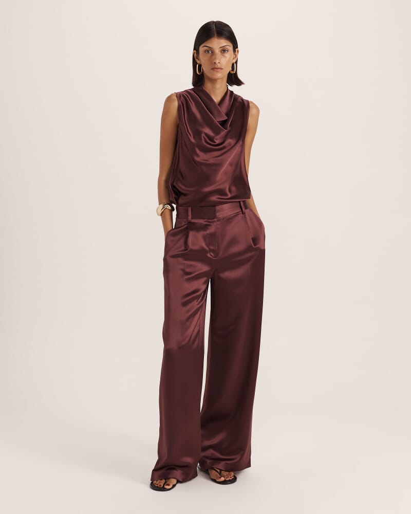Sallee Satin Pleat Front Pant in CLARET