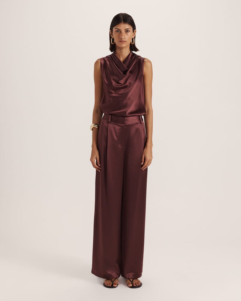 Sallee Satin Pleat Front Pant in CLARET