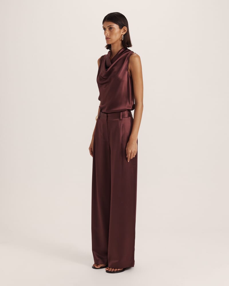 Sallee Satin Pleat Front Pant in CLARET