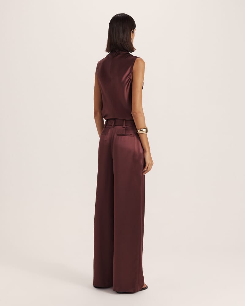 Sallee Satin Pleat Front Pant in CLARET