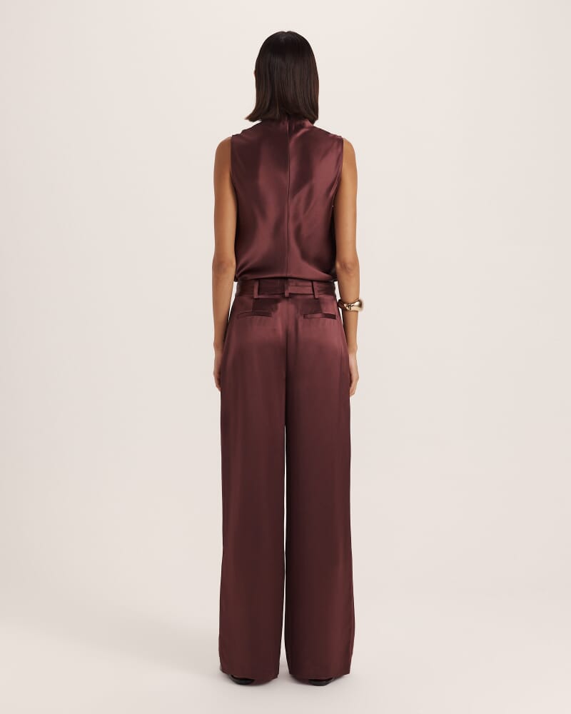 Sallee Satin Pleat Front Pant in CLARET