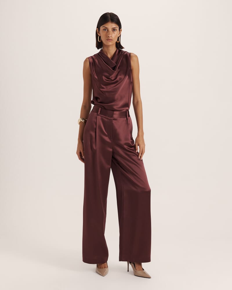 Sallee Satin Pleat Front Pant in CLARET