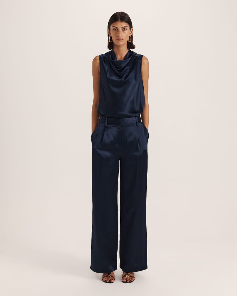 Sallee Satin Pleat Front Pant in MIDNIGHT
