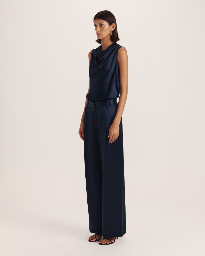 Sallee Satin Pleat Front Pant in MIDNIGHT