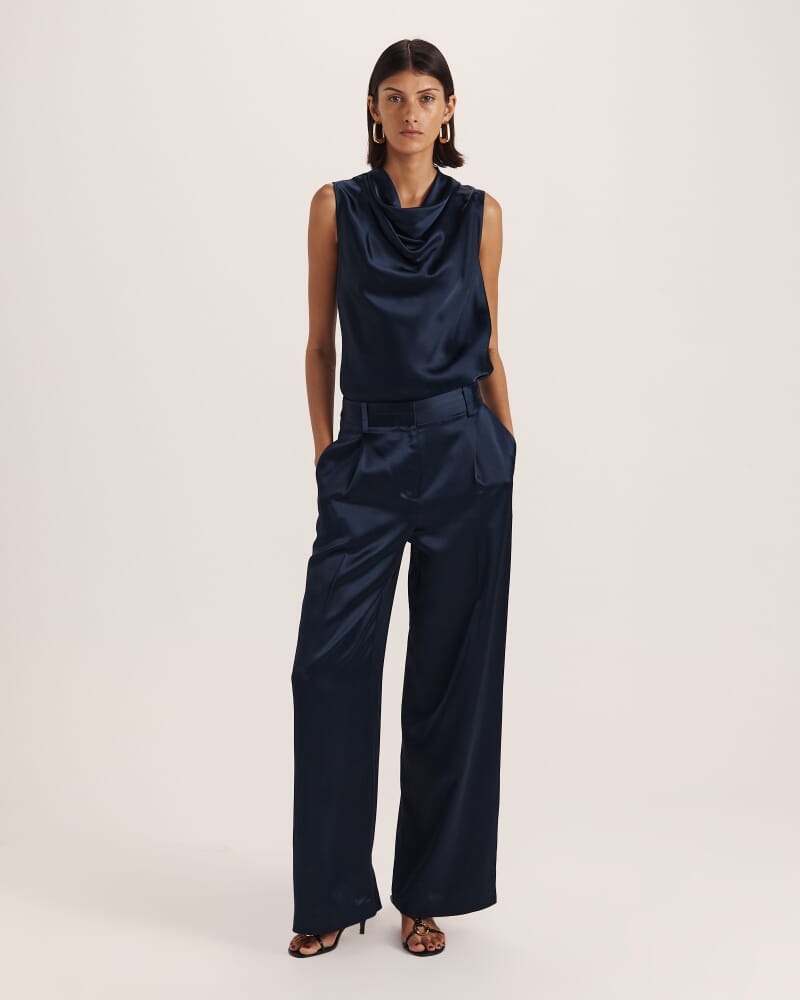 Sallee Satin Pleat Front Pant in MIDNIGHT