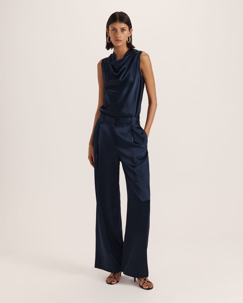Sallee Satin Pleat Front Pant in MIDNIGHT