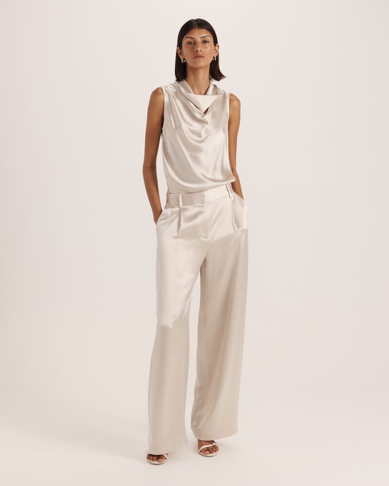 Sallee Satin Pleat Front Pant in OYSTER