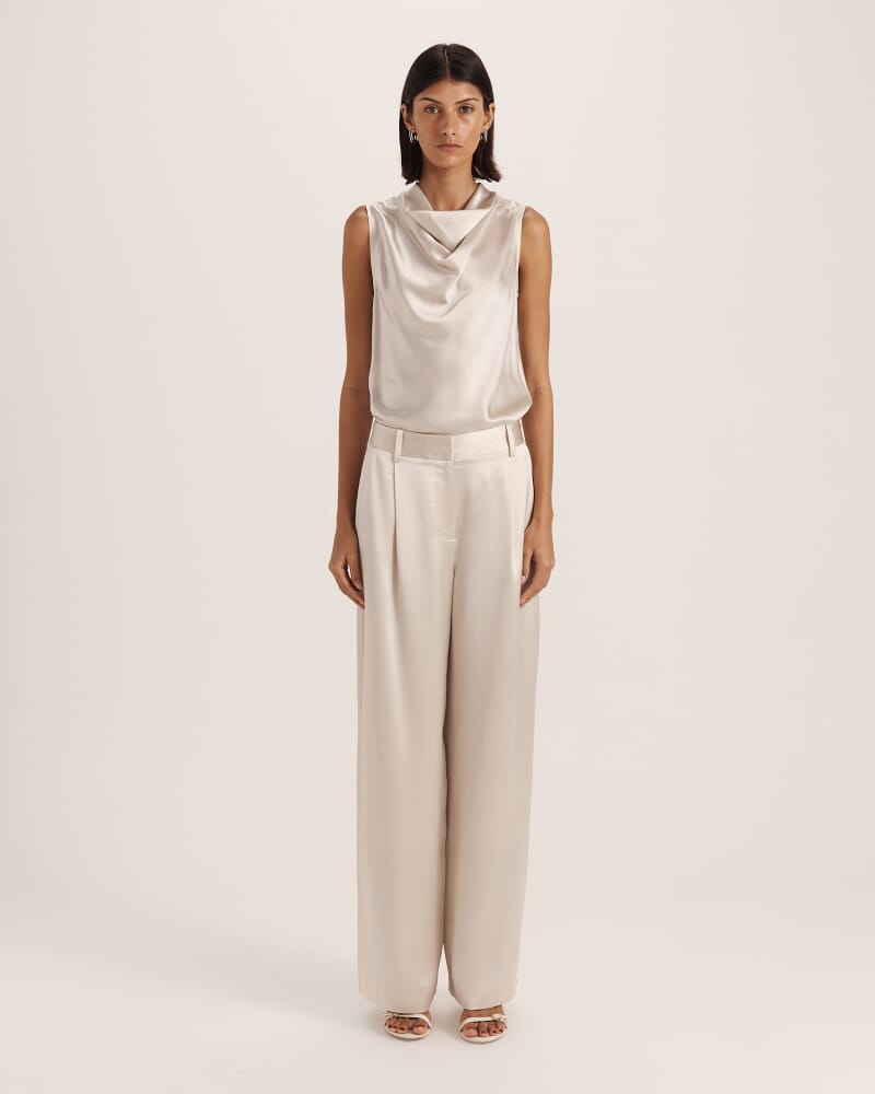 Sallee Satin Pleat Front Pant in OYSTER