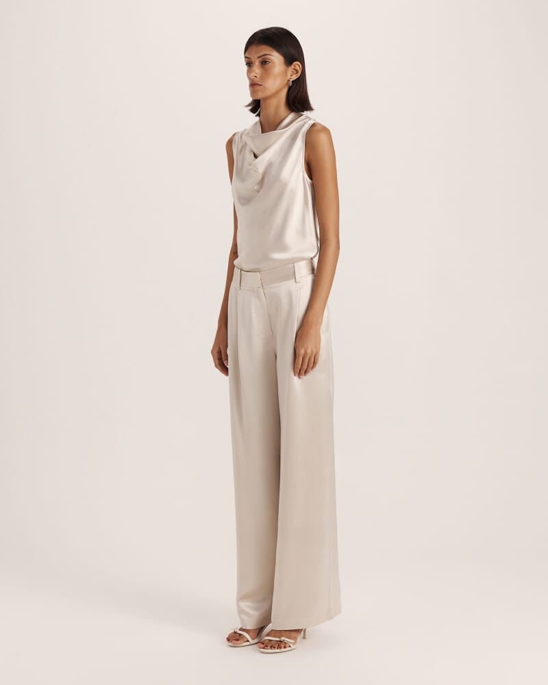 Sallee Satin Pleat Front Pant in OYSTER