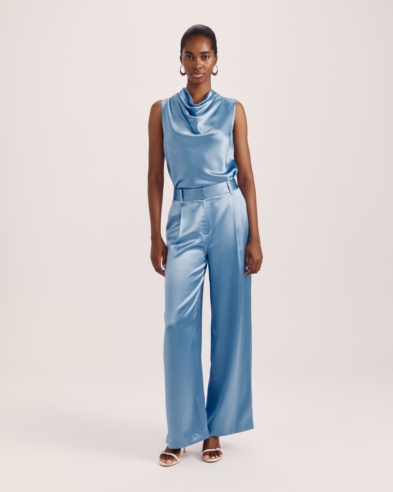 Sallee Satin Cowl Neck Top in BLUE AZURE