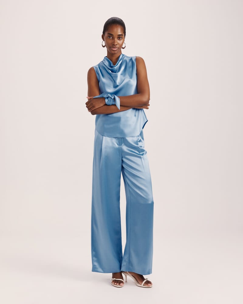Sallee Satin Cowl Neck Top in BLUE AZURE