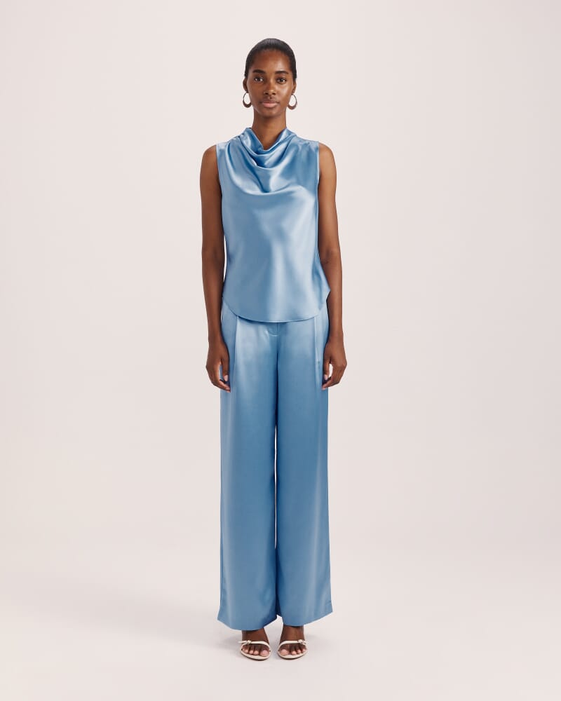 Sallee Satin Cowl Neck Top in BLUE AZURE