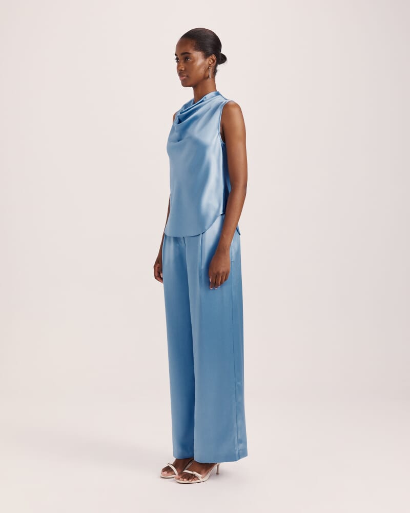 Sallee Satin Cowl Neck Top in BLUE AZURE