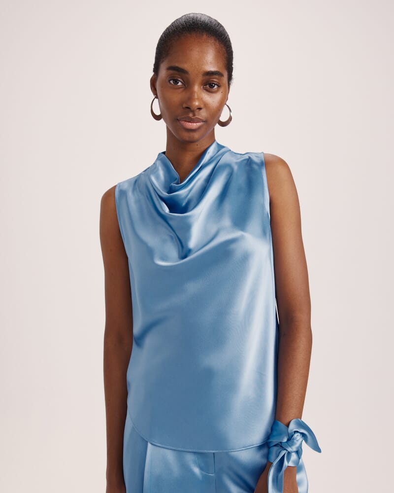 Sallee Satin Cowl Neck Top in BLUE AZURE