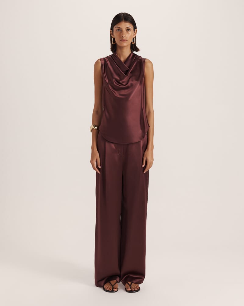 Sallee Satin Cowl Neck Top in CLARET