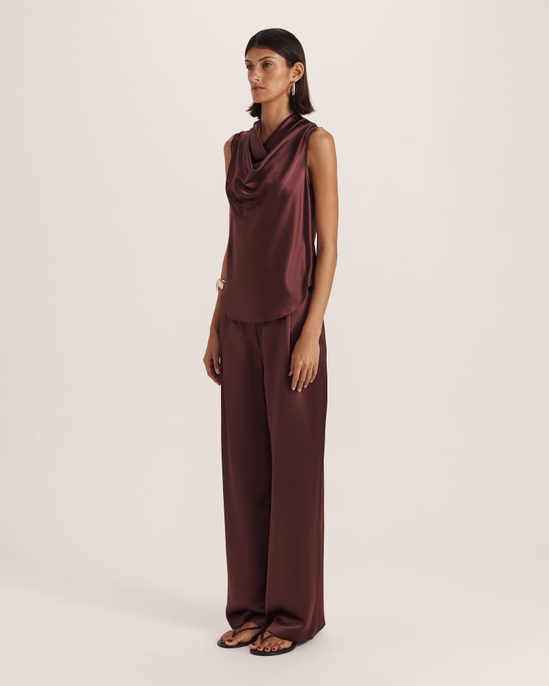 Sallee Satin Cowl Neck Top in CLARET
