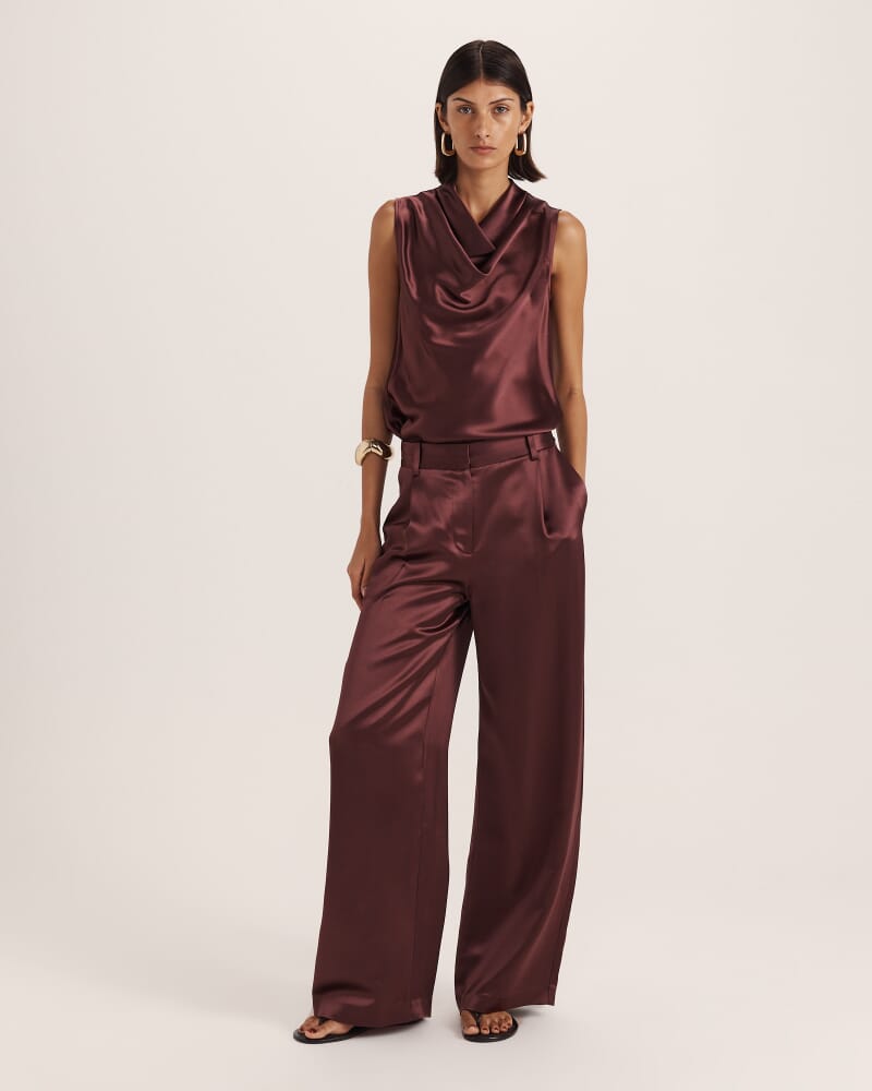 Sallee Satin Cowl Neck Top in CLARET