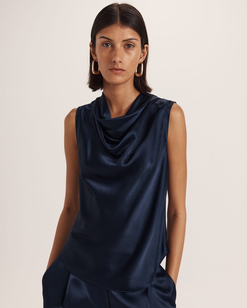 Sallee Satin Cowl Neck Top in MIDNIGHT