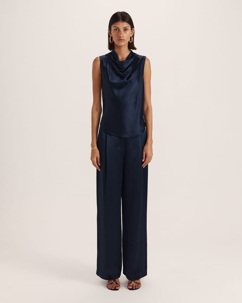 Sallee Satin Cowl Neck Top in MIDNIGHT