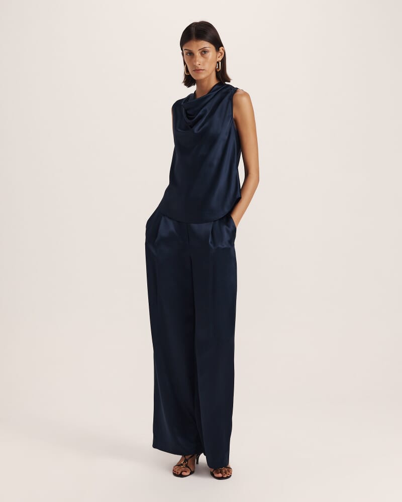Sallee Satin Cowl Neck Top in MIDNIGHT