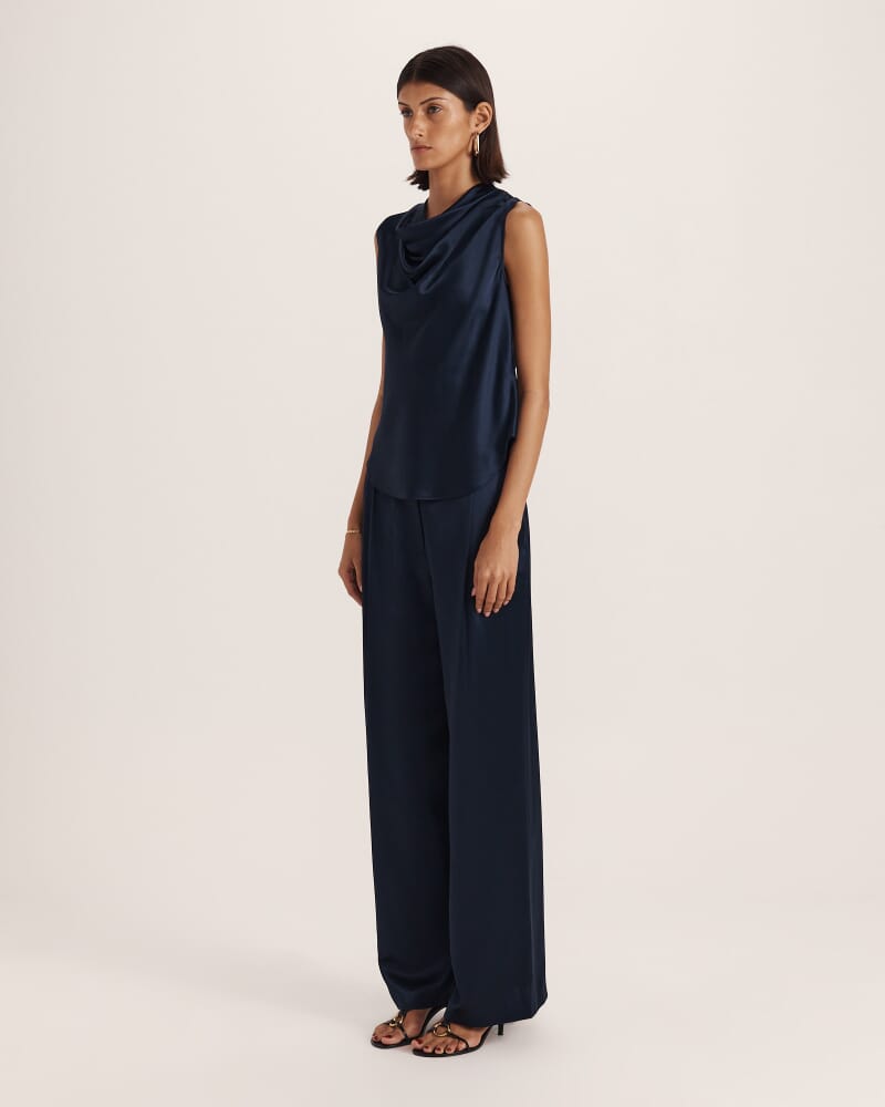 Sallee Satin Cowl Neck Top in MIDNIGHT