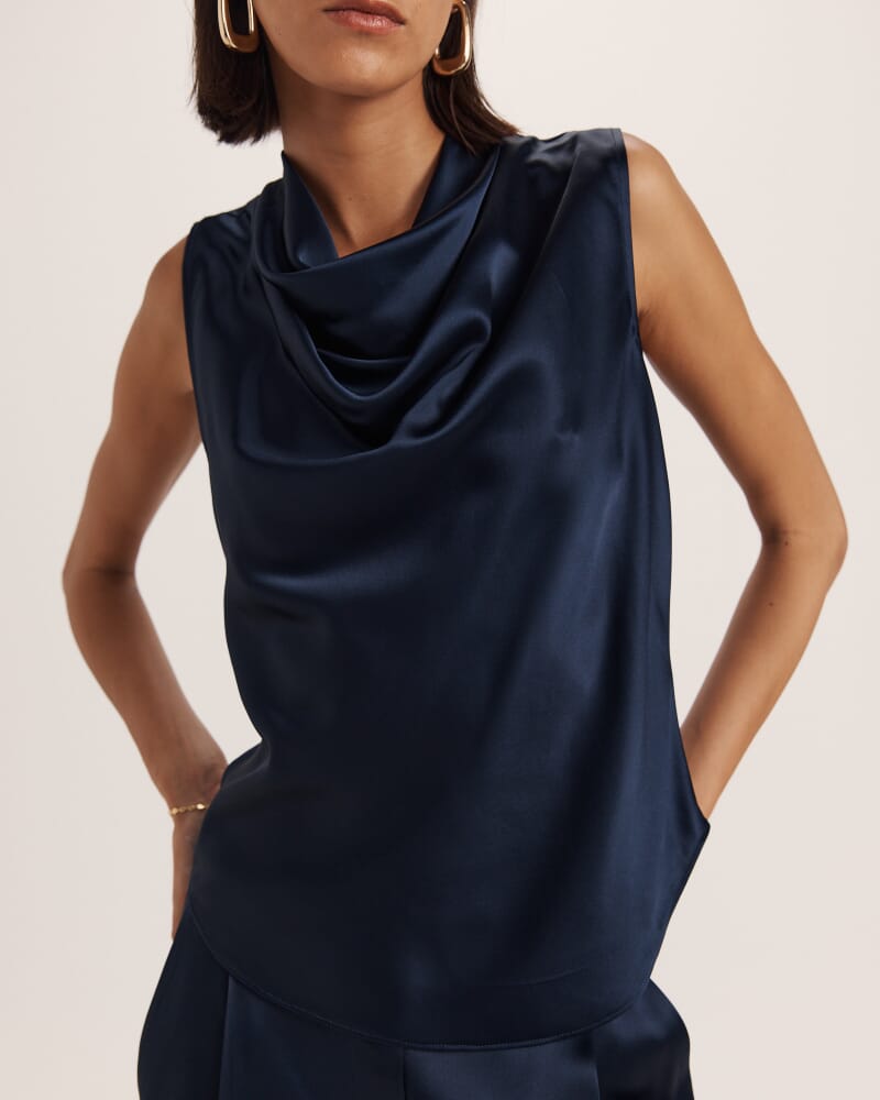 Sallee Satin Cowl Neck Top in MIDNIGHT