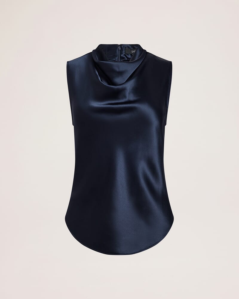 Sallee Satin Cowl Neck Top in MIDNIGHT