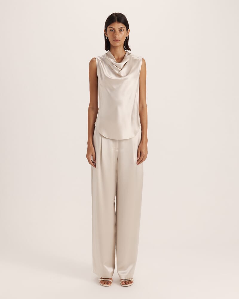 Sallee Satin Cowl Neck Top in OYSTER