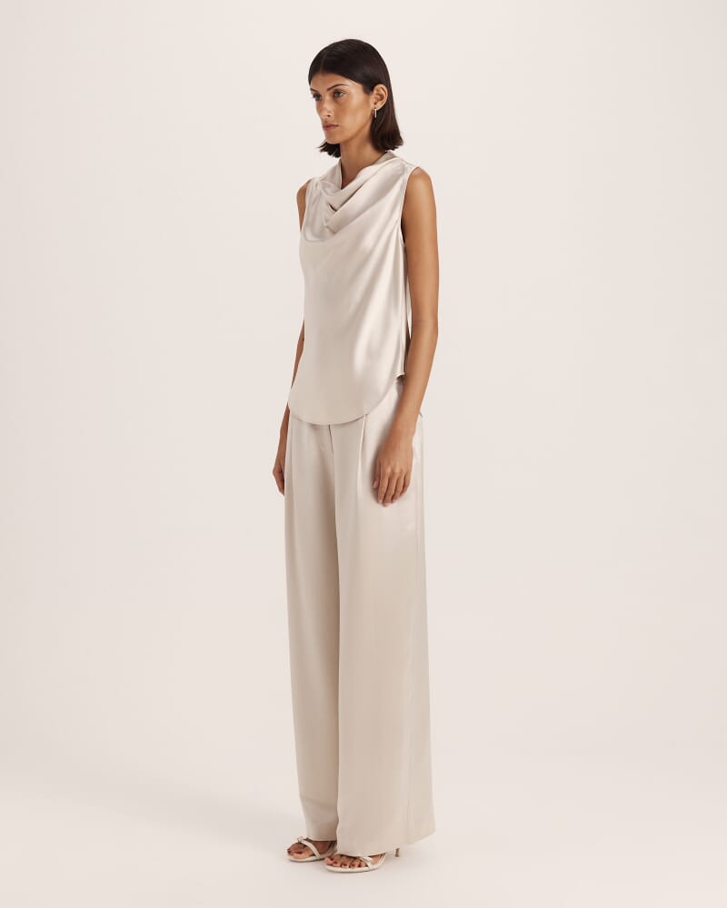 Sallee Satin Cowl Neck Top in OYSTER