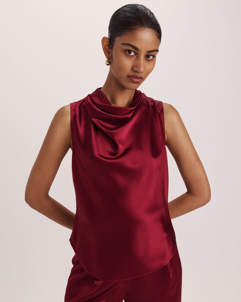 Sallee Satin Cowl Neck Top in RASPBERRY