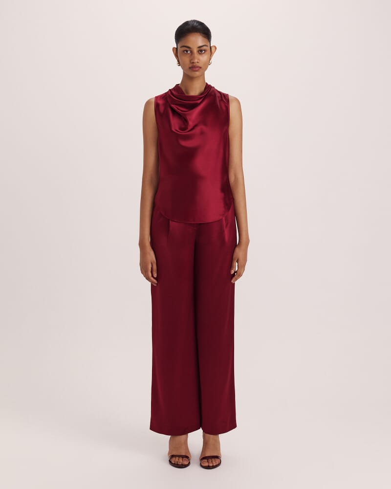 Sallee Satin Cowl Neck Top in RASPBERRY