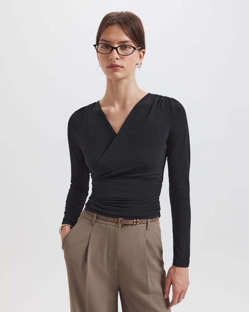 Serafina Wrap Long Sleeve Top in BLACK