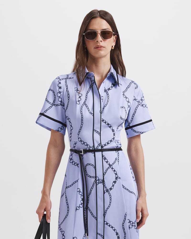 Chain Twill Belted Midi Dress in BLUE MULTI