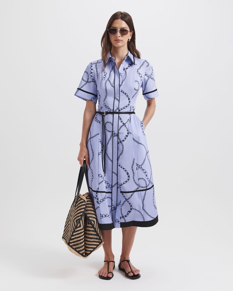 Chain Twill Belted Midi Dress in BLUE MULTI