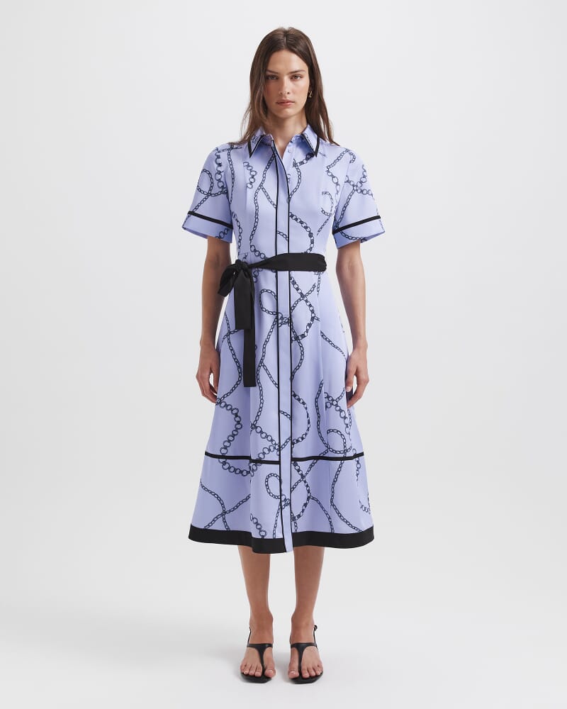 Chain Twill Belted Midi Dress in BLUE MULTI