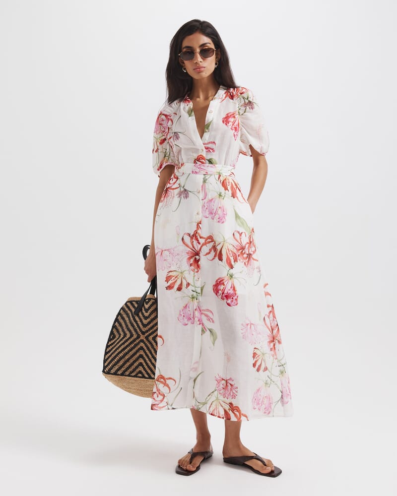 Mariposa Silk Linen Midi Dress in MULTI
