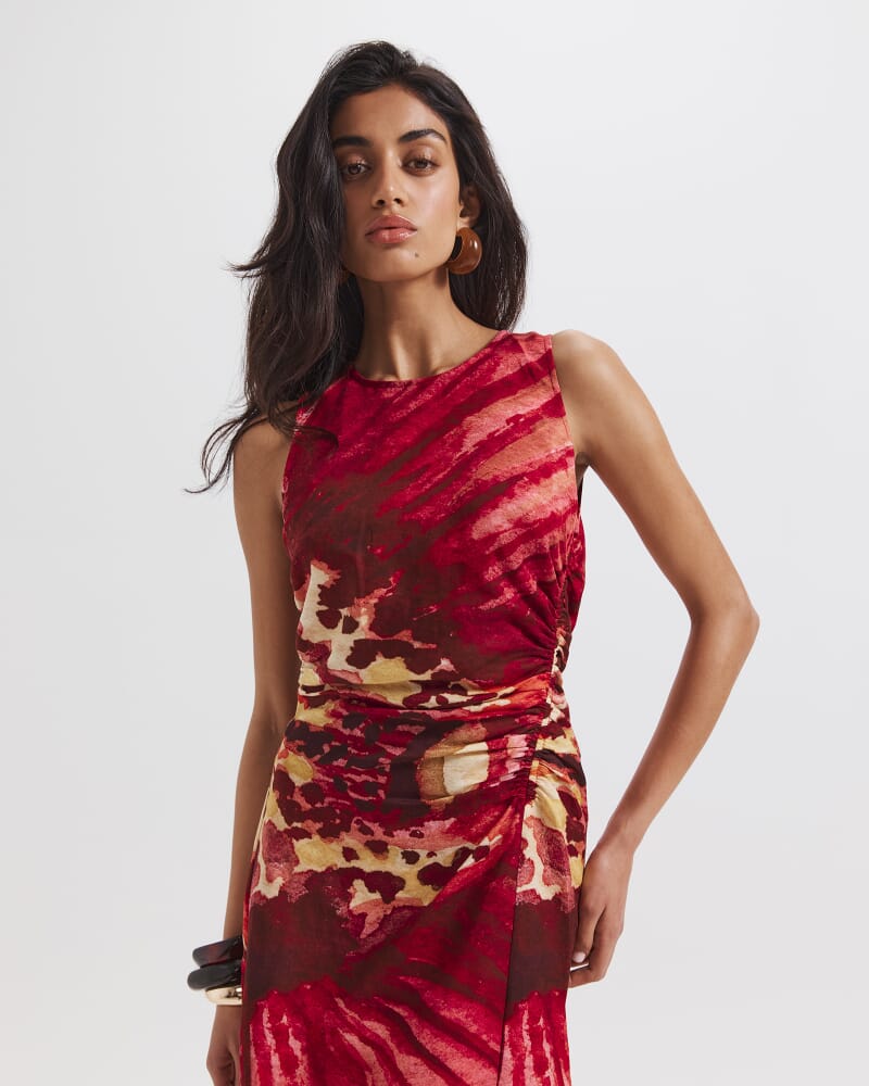 Cymbelle Rouched Midi Dress in MULTI