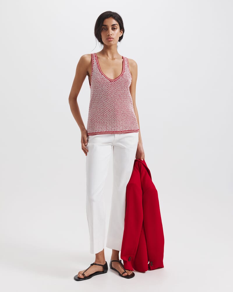 Dalia Woven Knit Tank in WHITE/RED