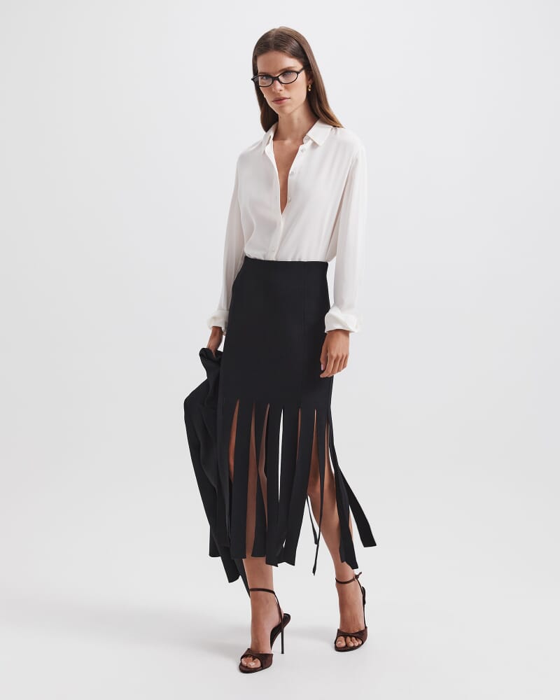 Mia Milano Panel Fringe Skirt in BLACK