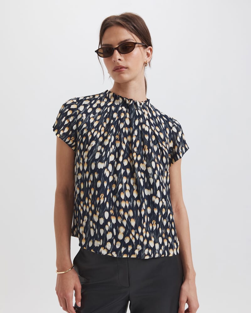 Starling Silk High Neck Short Sleeve Top in BLACK MULTI