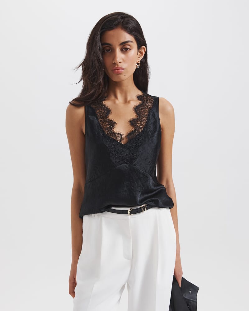 Ivana Crinkle Lace Detail Tank in BLACK
