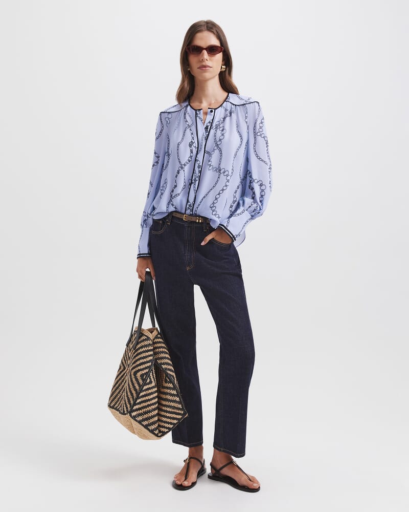 Chain Silk Long Sleeve Blouse in BLUE MULTI