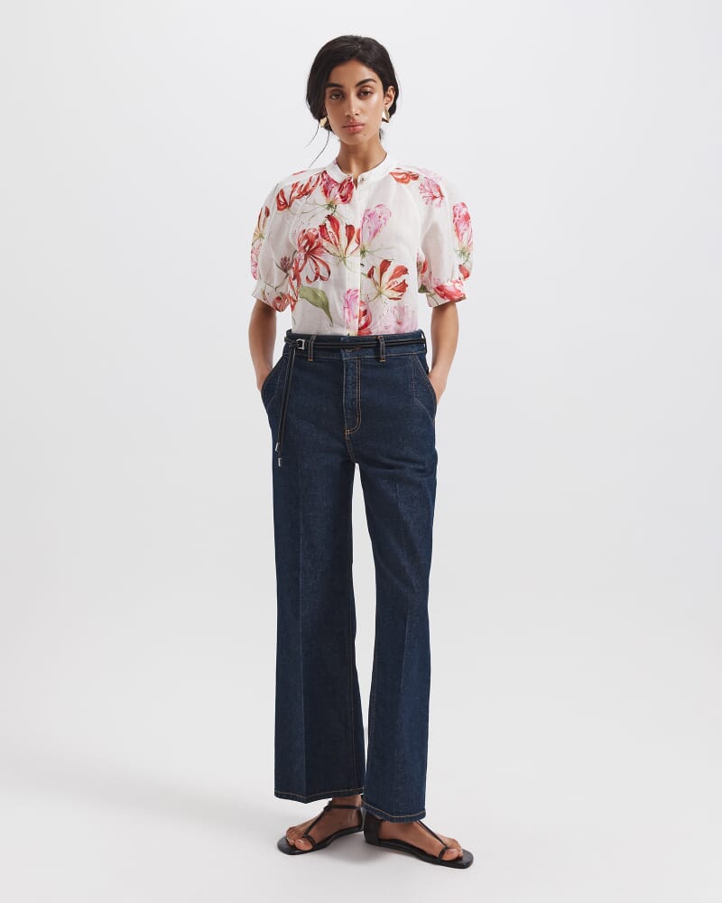 Mariposa Silk Linen Short Sleeve Blouse in MULTI
