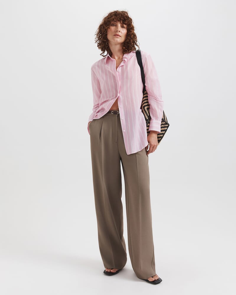 Cora Silk Cotton Boyfriend Shirt in PINK/WHITE