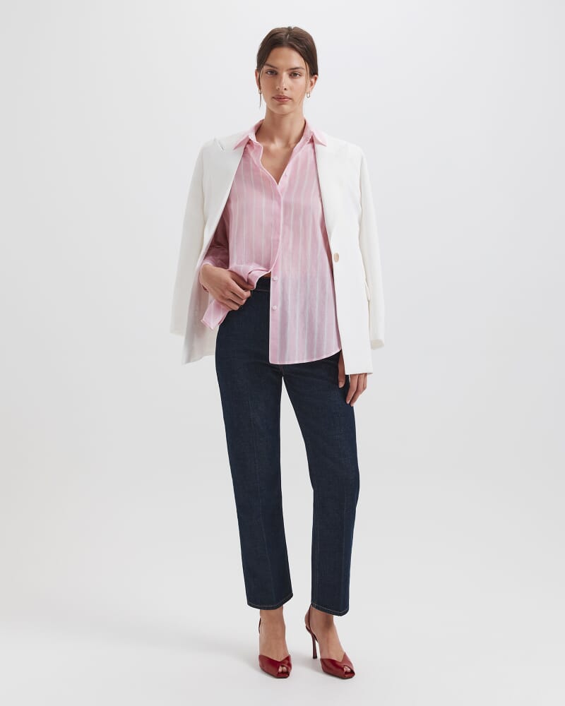 Cora Silk Cotton Boyfriend Shirt in PINK/WHITE