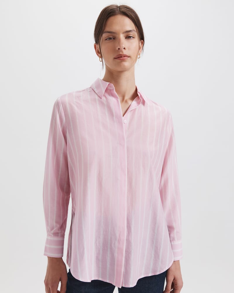 Cora Silk Cotton Boyfriend Shirt in PINK/WHITE