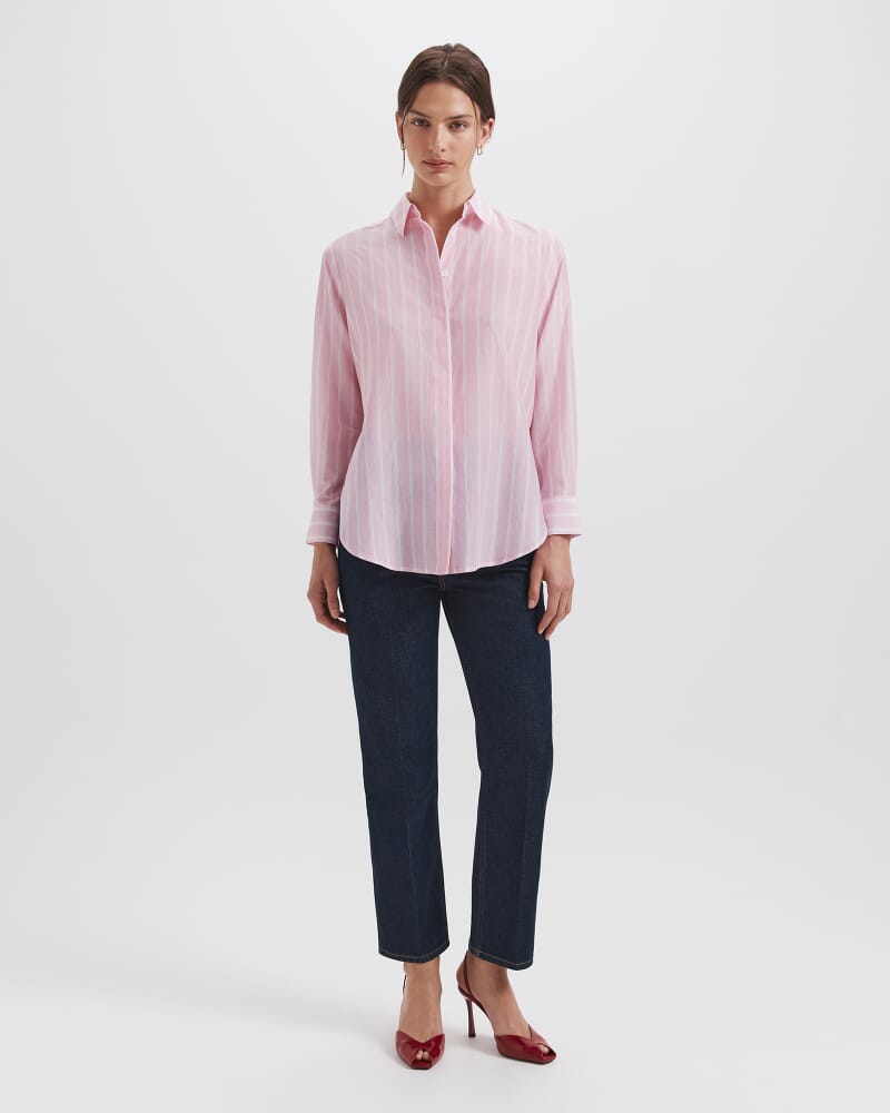 Cora Silk Cotton Boyfriend Shirt in PINK/WHITE