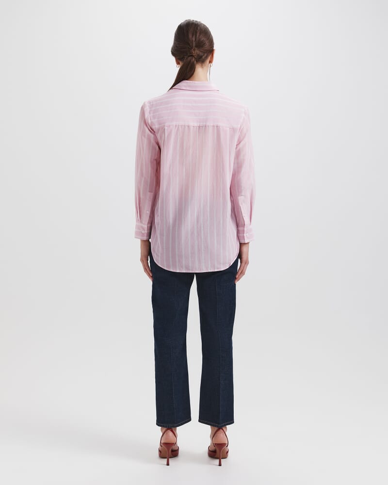 Cora Silk Cotton Boyfriend Shirt in PINK/WHITE
