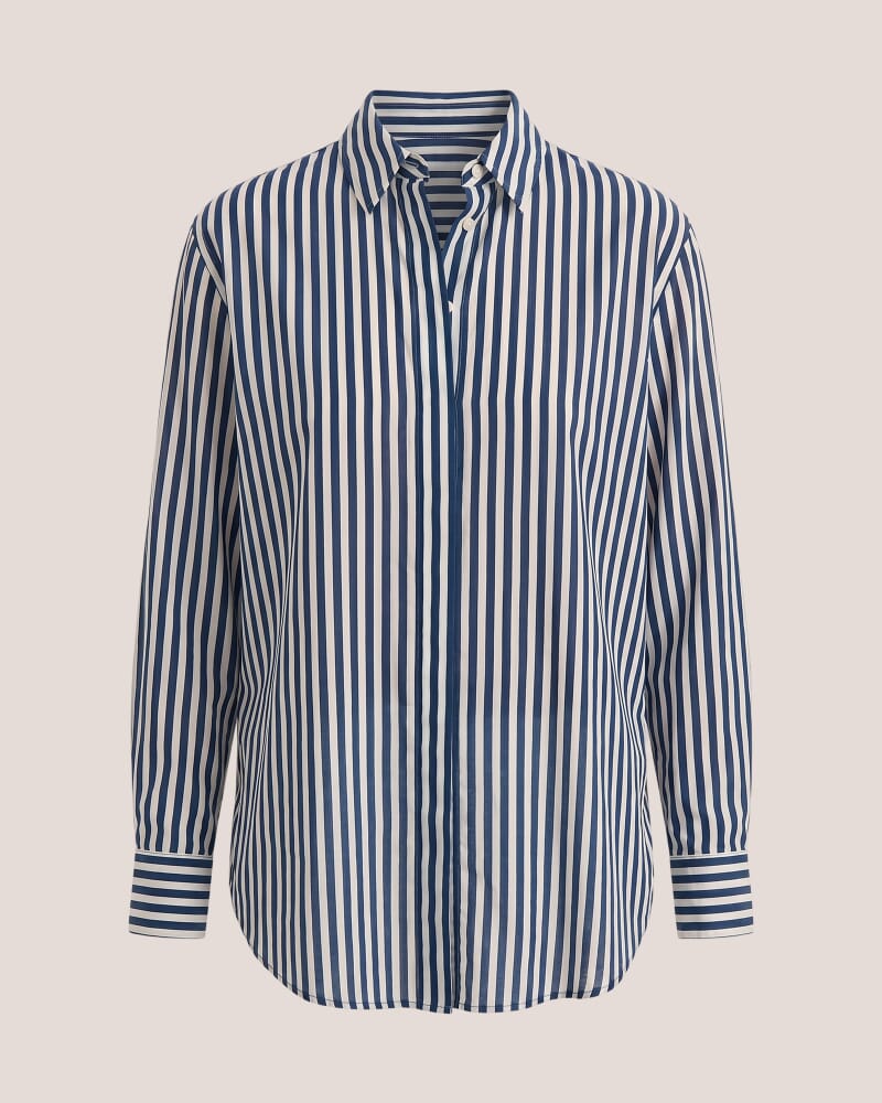 Cora Silk Cotton Boyfriend Shirt in White/Navy