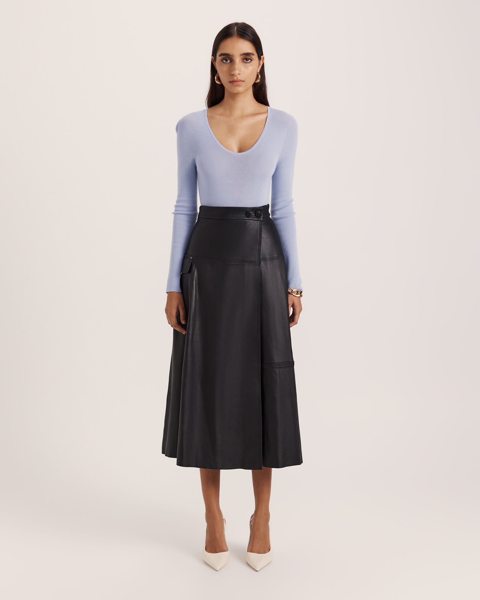 Aria Leather Wrap Midi Skirt